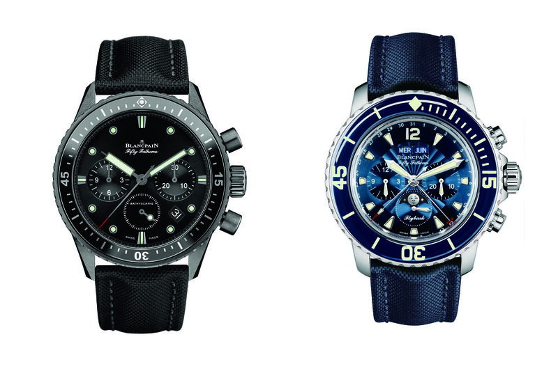 (左)BLANCPAIN 五十噚系列Bathyscaphe黑陶瓷飛返計時碼錶,545,000元;(右)BLANCPAIN 五十噚系列全日曆月相飛返計時碼錶,787,000元。